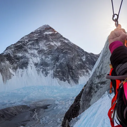 Prompt: hand from adams family climbing everest during golden hour.