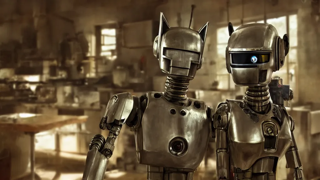 Image similar to film still from the movie chappie of the robot chappie shiny metal indoor cottage kitchen whimsy scene bokeh depth of field several figures furry anthro anthropomorphic stylized cat ears head android service droid robot machine fursona