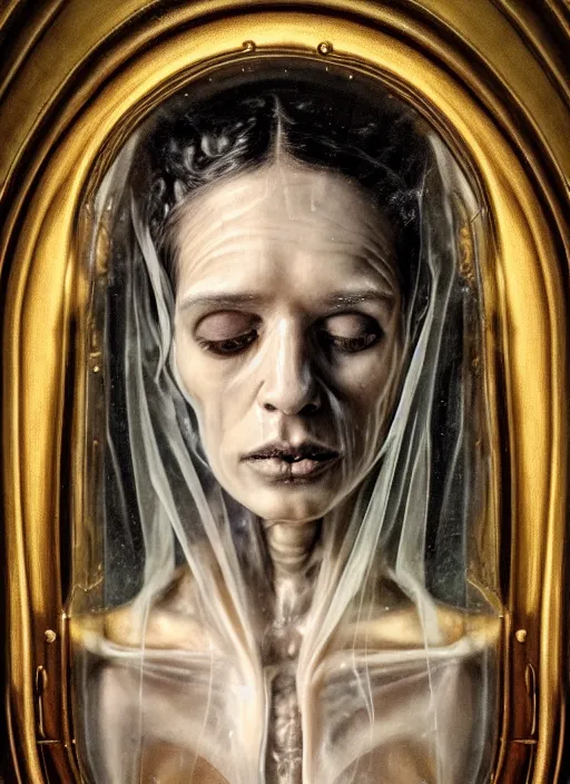 Prompt: la pieta ultrarealistic ultradetailed medium shot painting of slimy catholic veiled transparent teen maiden with transparent skin, skeleton still life, neural net, steampunk internal organs, greg rutkowski, peter gric, immerse, 1 9 th, special effects makeup, maximalist, glittering, gold, ivory, hyperreal, golden ratio, alphonse mucha, bride of frankenstein