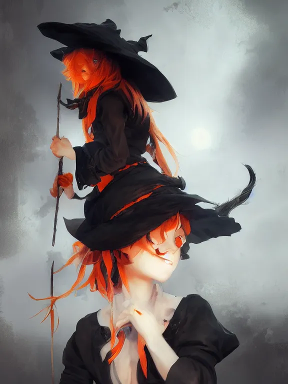 Image similar to Full shot of a cute mischievous young witch about to get up to some trouble. Black and Orange palette. By Ruan Jia and Artgerm and Range Murata and WLOP and CLAMP. Key Art. Fantasy Illustration. award winning, Artstation, intricate details, realistic, Hyperdetailed, 8k resolution.