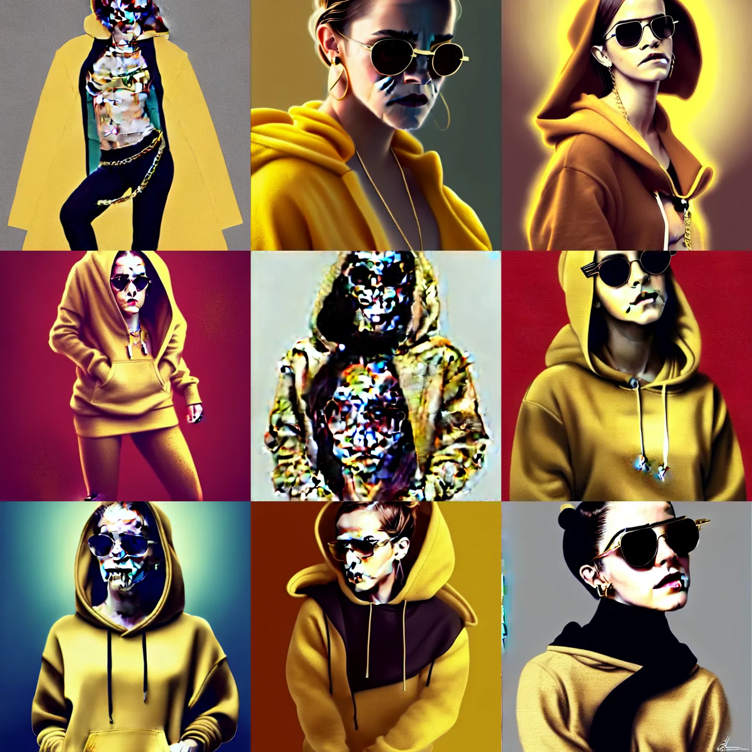Prompt: Emma watson full body wearing designer hoodie as doja cat as cardi b wearing gold chain and sunglasses and gold hoop earrings by greg rutkowski by artgem trending on artstation hero concept art