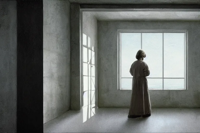 Image similar to a cinematic painting of an old female prisoner inside of jail cell looking out of a window onto a beautiful serene landscape, beautiful lighting, high depth, ultra realistic, artistic, by annie leibovitz, by gregory crewdson