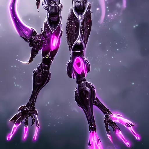 Image similar to highly detailed exquisite fanart, of a beautiful female warframe, but as an anthropomorphic robot dragon with glowing purple eyes, shiny silver armor with fuchsia accents, engraved, elegant pose, close-up shot, full shot, epic cinematic shot, sharp claws for hands, professional digital art, high end digital art, singular, realistic, DeviantArt, artstation, Furaffinity, 8k HD render