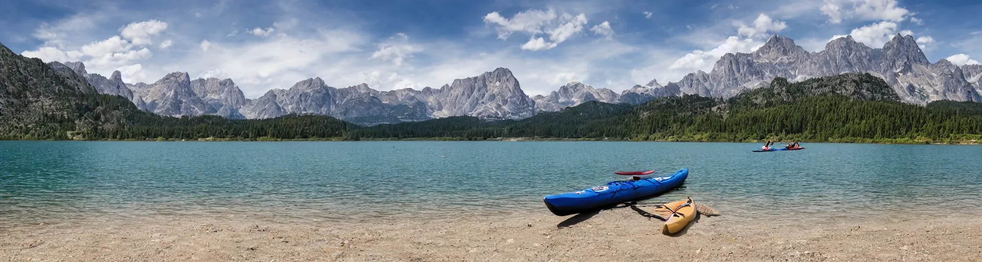 Image similar to a beautiful image of a breathtaking lake with amazing mountains in the background, there is a kayak in the foreground on the beach. landscape image