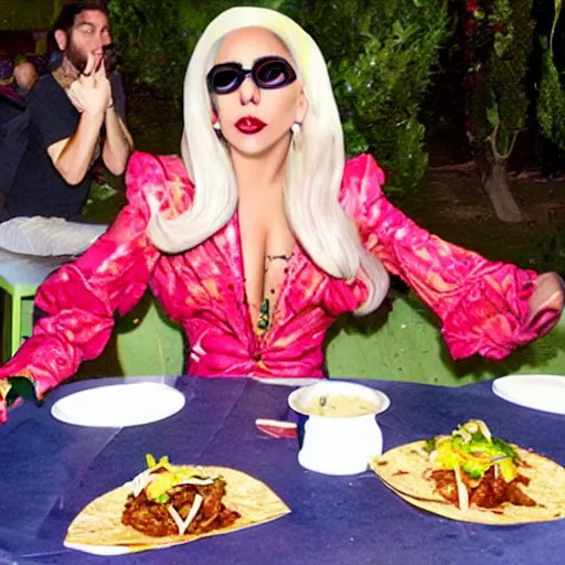 Prompt: lady gaga eating tacos, psychedelic