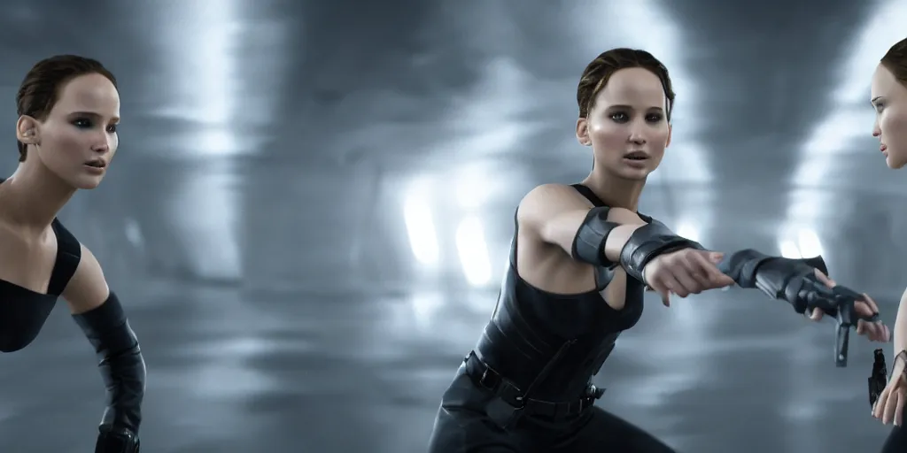 Image similar to Jennifer Lawrence fighting Natalie Portman in matrix, cinematic lighting, trending on artstation, 4k, hyperrealistic, focused, high details, unreal engine 5, cinematic