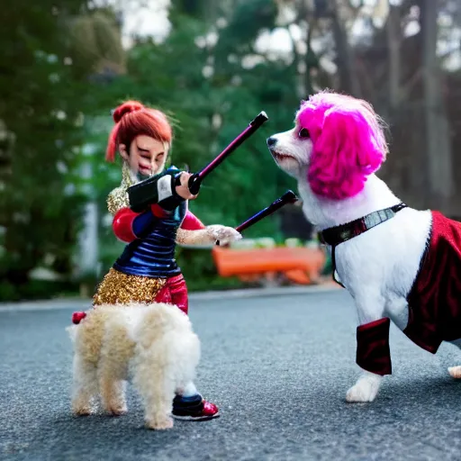 Image similar to harley quinn aiming down glitter gun with toy cavoodle dog by her side