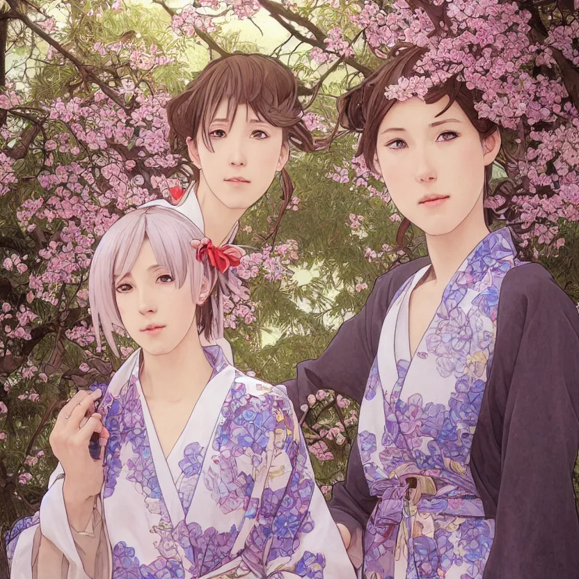 Image similar to portrait of a girl, sakura tree in background, yukata clothing, real faces, anime style, short hair, hair down, symmetrical facial features, realistic hands, hyper realistic, 4 k, extreme detail, detailed drawing, trending artstation, realistic lighting, by alphonse mucha, greg rutkowski, sharp focus, backlit