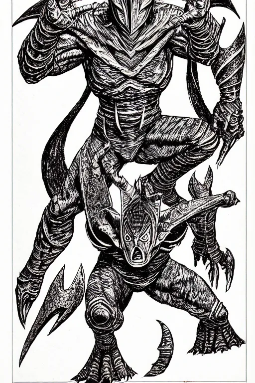 Image similar to ultraman as a d & d monster, full body, pen - and - ink illustration, etching, by russ nicholson, david a trampier, larry elmore, 1 9 8 1, hq scan, intricate details, inside stylized border