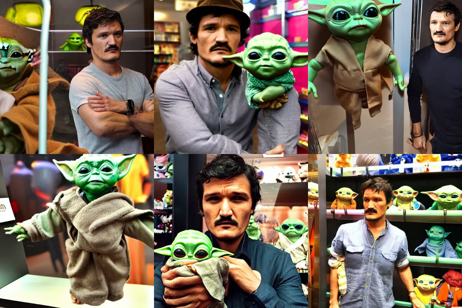 Prompt: Pedro Pascal looking somberly at a Baby Yoda toy locked in a toy store display