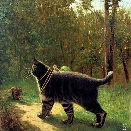 Prompt: huge cat harnessed to a cart, oil painting by Ivan Shishkin