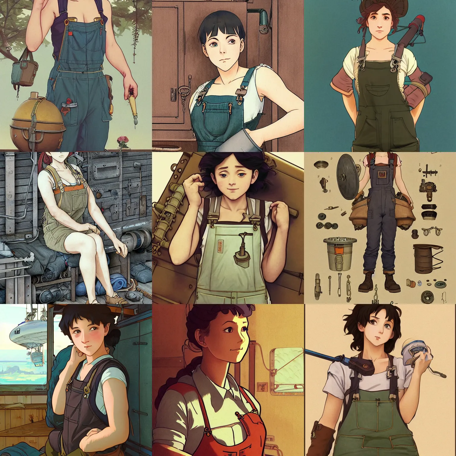 Prompt: an airship mechanic wearing a tank top and overalls sleeping in her cramped bunk below deck, finely illustrated face, highly detailed, colored pencil, studio ghibli, tankobon, in the style of ilya kuvshinov and krenz cushart and william - adolphe bouguereau and alphonse mucha