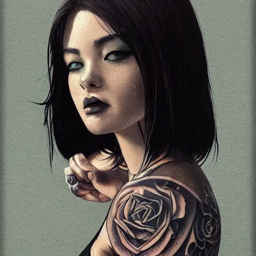 Image similar to captivating bar maid, tattoos, black t - shirt, black skirt, detailed portrait, intricate complexity, by greg rutkowski, artgerm, ross tran, conrad roset, takato yomamoto, ilya kuvshinov. 4 k, beautiful, cinematic dramatic atmosphere