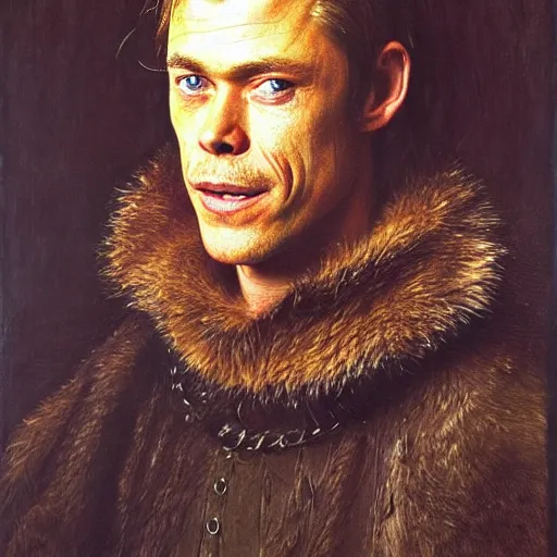 Prompt: portrait of chris hemsworth combined with willem dafoe and steve buscemi, oil painting by jan van eyck, northern renaissance art, oil on canvas, wet - on - wet technique, realistic, expressive emotions, intricate textures, illusionistic detail