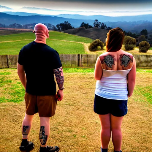 Image similar to portrait of a young chunky bald white male tattoos and his young white female brown hair wife with tattoos. male is wearing a white t - shirt, tan shorts, white long socks. female is has long brown hair and a lot of tattoos. photo taken from behind them overlooking the field with a goat pen. rolling hills in the background of california and a partly cloudy sky