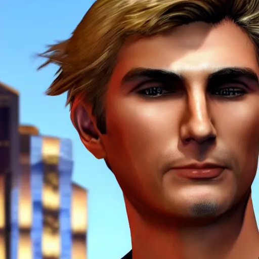 Image similar to closeup of handsome gigachad XQC as a GTA character in a loading screen