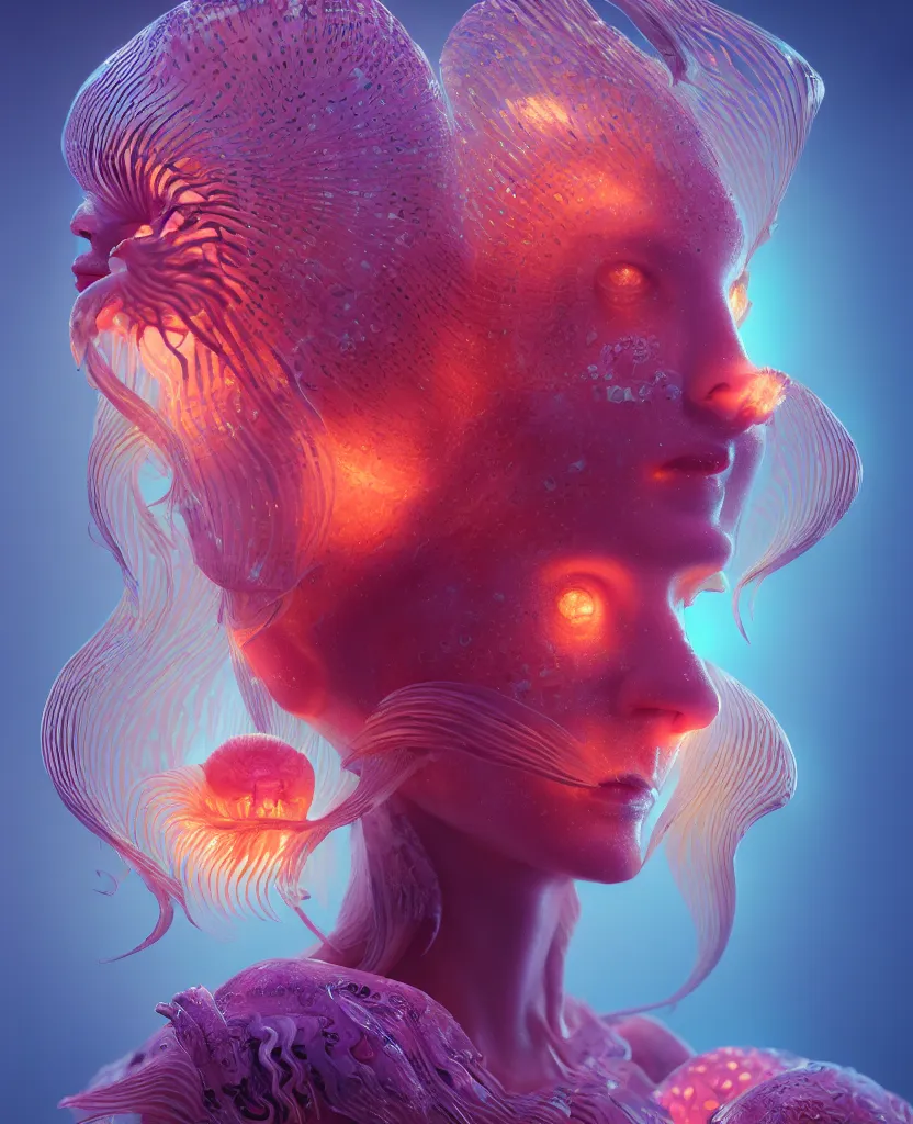 Image similar to goddess close-up face portrait. chimera orchid jellyfish phoenix head, nautilus, skull, betta fish, bioluminiscent creatures, intricate artwork by Tooth Wu and wlop and beeple. octane render, trending on artstation, greg rutkowski very coherent symmetrical artwork. cinematic, hyper realism, high detail, octane render, 8k