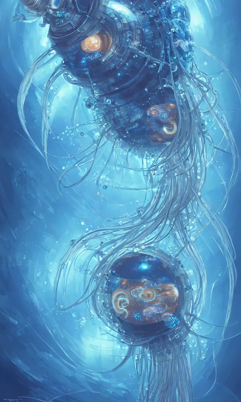 Prompt: hyper detailed painting of a cyberpunk jellyfish, blue tones, underwater, 8 mm, highly detailed, digital painting, artstation, concept art, smooth, sharp focus, illustration, art by artgerm and greg rutkowski and alphonse mucha