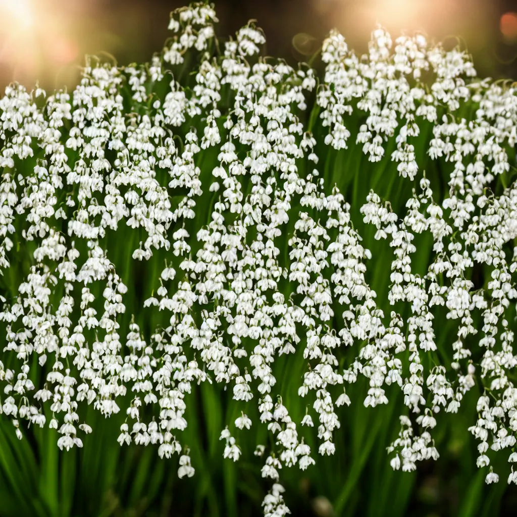 Prompt: photography of muguet in the morning sun, with bokeh