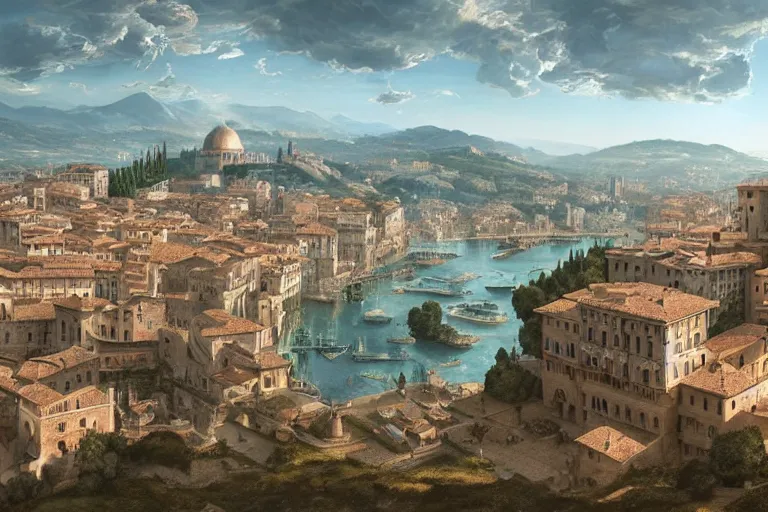 Image similar to an ultra detailed matte landscape painting of an italian renaissance capital city built on top of a large hill sweeping vista, italian renaissance architecture, ultrawide lense, aerial photography, 8 k, volumetric lighting, smooth, highly detailed, digital illustration, art by greg rutkowski and akira toriyama and artgerm