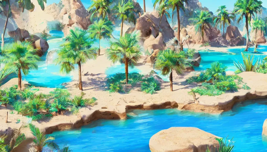 Prompt: an oasis with water and stones and palm trees in the desert, artstation, surrounded by wide dessert, birds flying, clear blue sky, sun shining, grass around the sea, animals swimming, garden eden, painting, deep focus, digital painting, concept art