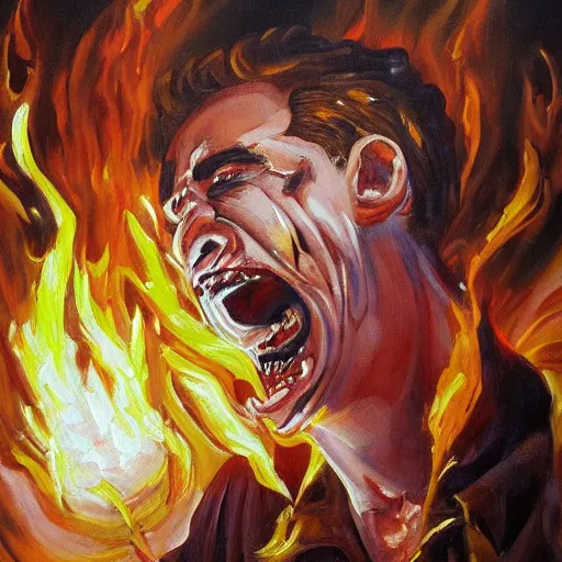 Image similar to a painting of a man with fire coming out of his mouth, shock art, apocalypse art, artstation hq