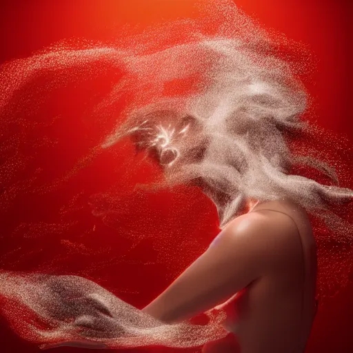 Image similar to manshaped swirling smoke beside woman dancing underwater wearing a flowing red dress made of seaweed, large school of tiny silver fish in the background, octane render, caustics lighting from sunlight above, cinematic