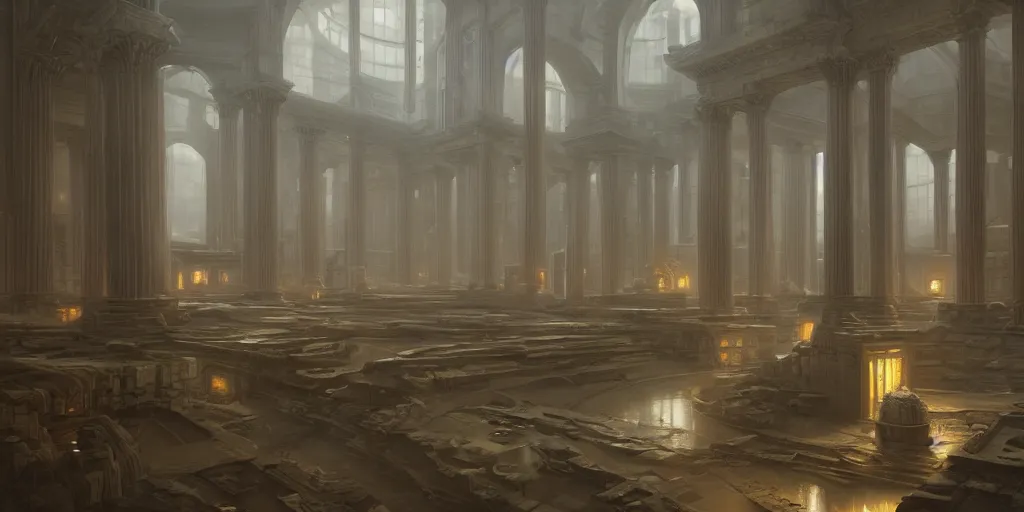 Prompt: a large room with many windows and columns, a detailed matte painting by Noah Bradley, cgsociety, fantasy art, matte painting, concept art, dystopian art