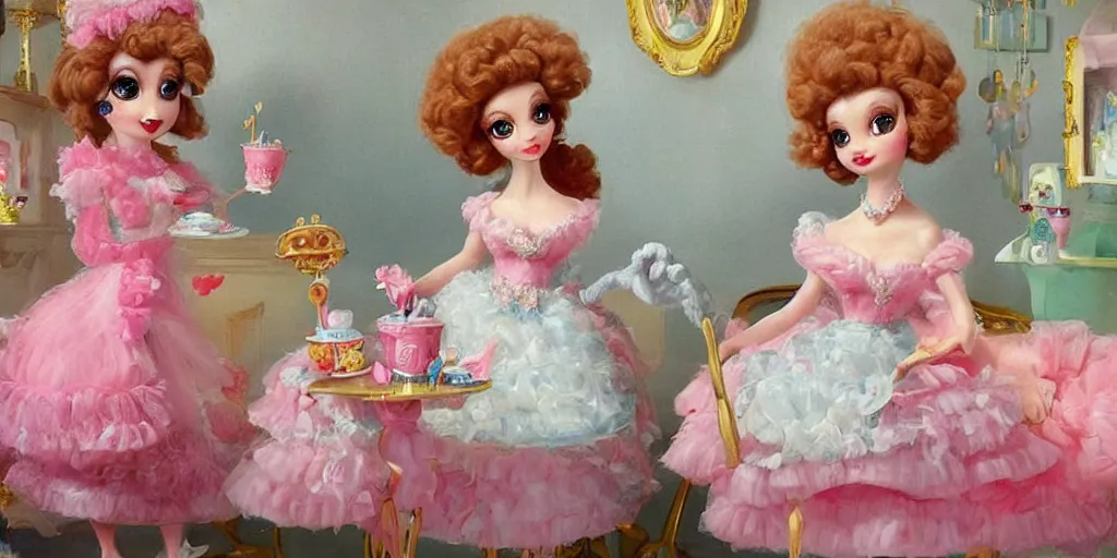Prompt: 3 d littlest pet shop poodle with fur made of ice cream, dressed in a pink, white, and teal ballgown, in an ice cream parlor, master painter and art style of noel coypel, art of emile eisman - semenowsky, art of edouard bisson