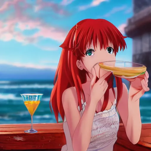 Prompt: read-eyed redhead anime girl drinking cocktail on the shore of red-dyed sea by aramaki shinji, hideaki anno 8k art