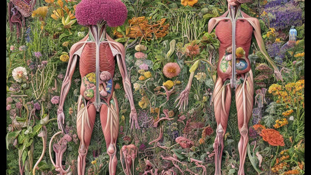 Image similar to highly detailed illustration of a human anatomy body with all the known species of plants and flowers by juan gatti, by moebius!, by oliver vernon, by joseph moncada, by damon soule, by manabu ikeda, by kyle hotz, by dan mumford, by kilian eng