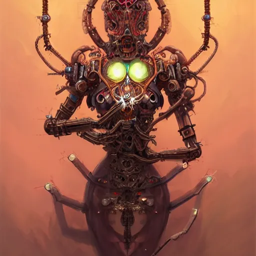 Image similar to biomechanical spider king, cyberpunk, bionics, augments, lights, cables, elegant gleaming intricate baroque jewellery, colorful, vivid, imposing, epic, digital painting, artstation, concept art, by peter mohrbacher and wlop and rhads,