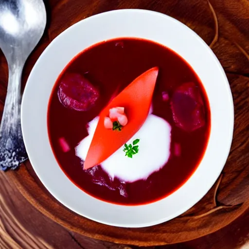 Prompt: borscht served with fake cat ears, award winning food photo, 4 k, delicious, polish food, high quality
