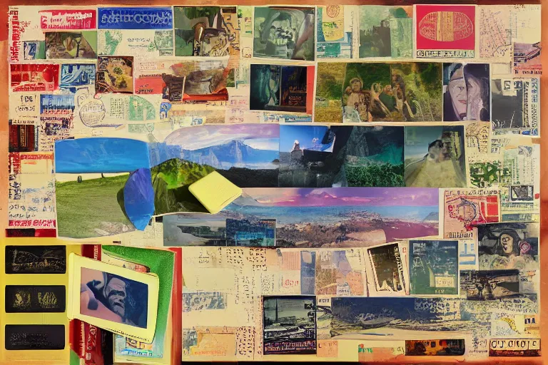 Prompt: boards of Canada album cover, passport travel memorabilia. Mixed media collage art, highly detailed 8k