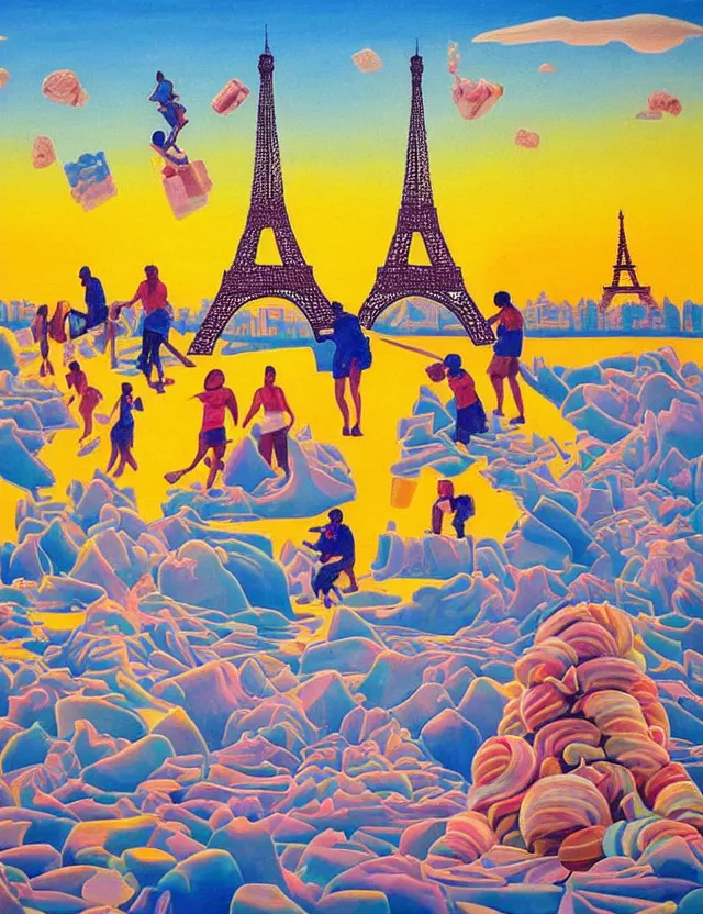Image similar to a funny painting of the eiffel tower in paris made of scoops of ice cream in different colors on a very sunny bright summer sunset day, very hot and the ice is melting of the paris skyline and people are swimming in the icecream in the style of james jean and fernando botero