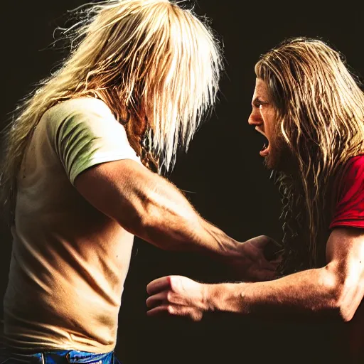 Image similar to a long - haired blonde hillbilly fighting against a cardboard boxman