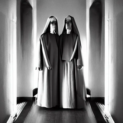 Image similar to award winning photo Floating twin nuns wearing translucent habits Very long arms, in a sanctuary, eerie, frightening —width 1024 —height 1024