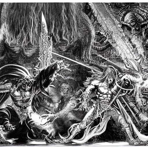 Image similar to arnold swarchenegger with giant sword fights ugly demon, intricate detailed dark fantasy art by kentaro miura, gustave dore, jean giraud, philippe druillet