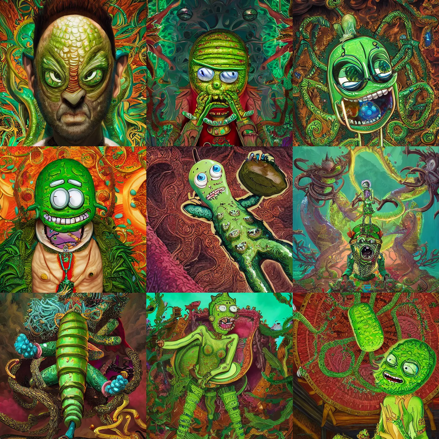 Prompt: Pickle Rick fantasy, fantasy magic, intricate, sharp focus, illustration, highly detailed, digital painting, concept art, jahbu art and Paul lewin and kehinde wiley, masterpiece