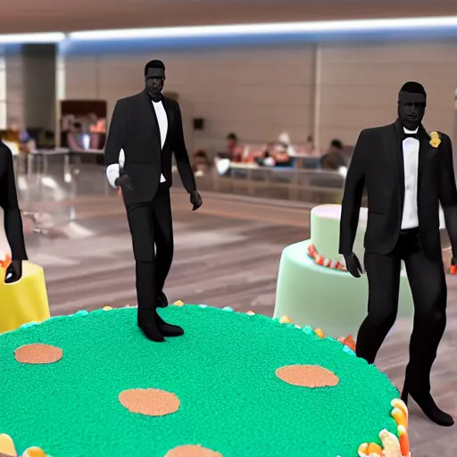 Image similar to 3 black guys walking towards a big cake. ultra realistic.