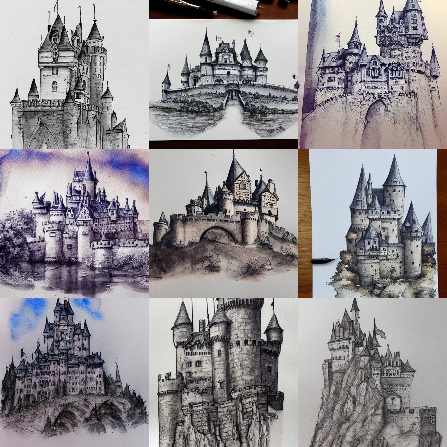 Prompt: beautiful aesthetic inspirational masterful professional ink pen and watercolor sketch of a castle, ultra detailed, fine details, trending on artstation, high quality paper
