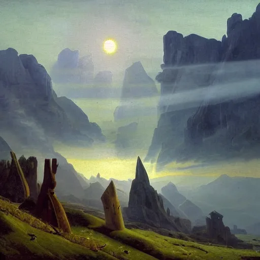 Image similar to village in the sky, sharp pointy mountains piercing through the clouds, wooden platforms, tents, colors, misty clouds, sun at dawn, brutalism, painting by caspar david friedrich