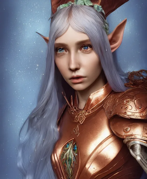 Prompt: a beautiful and highly detailed digital portrait of a dignified elf with long blue hair in a rose gold armor breastplate by artgerm, julia razumova, and lu ji, centered, artsation contest winner, cgsociety, fantasy art, cryengine, concept art, photorealism, daz 3 d, sketchfab, zbrush, vray