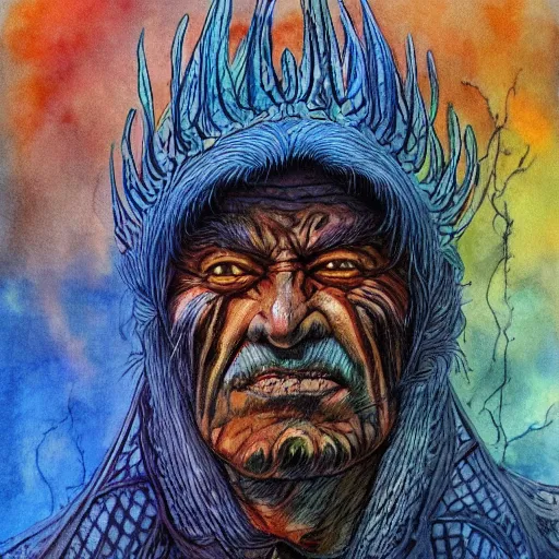 Prompt: very old shaman burns from the inside out, sould explodes, old gray haired mexican mage burn fire, close his eyes with no pain, watercolor ink painting, in the style of jean giraud, in the style of moebius trending on artstation deviantart pinterest detailed realistic hd 8 k high resolution