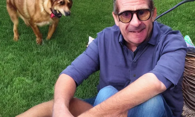 Image similar to My dad Steve just took a hit from the bongo and have good time being gracefully relaxed in the garden, sunset lighting. My second name is Carell. My dad second name is Carell. Im the dog and Steve Carell is my dad. Detailed face. Dog is long