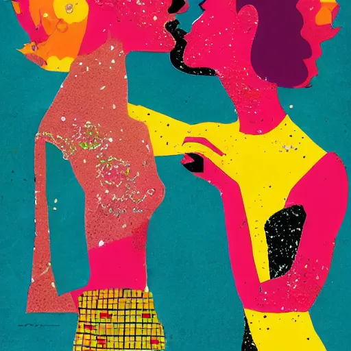 Image similar to two women kissing at a party, mixed media collage, retro, paper collage, magazine collage, acrylic paint splatters, retro psychedelic illustrations,