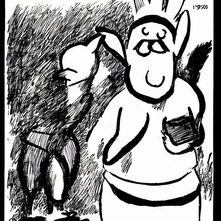 Image similar to a still frame from comic strip a bird in rabbit costume half pants 1 9 5 0, herluf bidstrup, new yorker illustration, monochrome contrast bw, lineart, manga, tadanori yokoo, simplified,