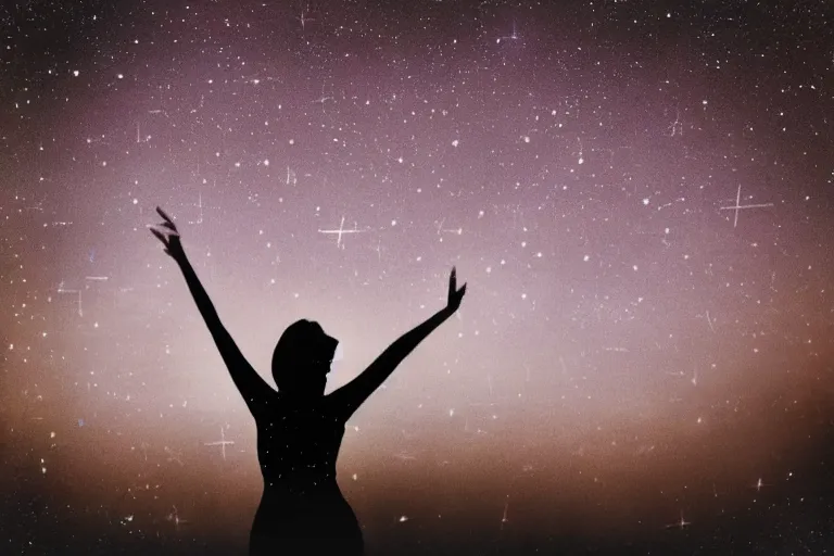 Prompt: blured dancing girl on night vision, focused background night sky with stars, polaroid photo