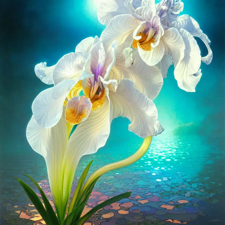 Image similar to detailed giant white holographic orchid iris hybrid flower surrounded by ocean waves, lsd water, lsd ripples, droplets, backlit, sunset, refracted lighting, art by collier, albert aublet, krenz cushart, artem demura, alphonse mucha