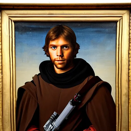Image similar to a portrait painting of luke from star wars in a renaissance style hanging in the louvre